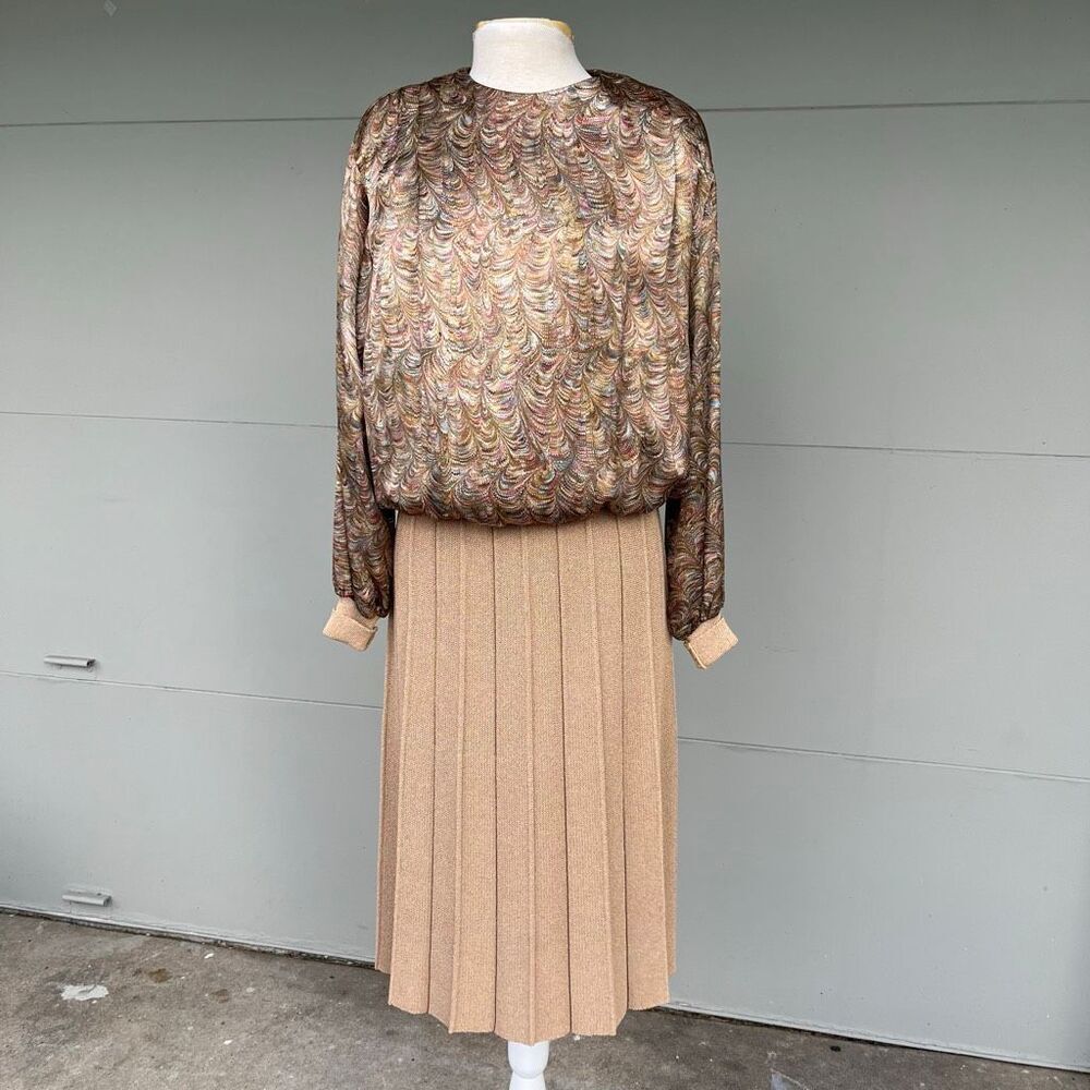 VTG 80s Castleberry Marbled Satin Blouse Pleated Knit Skirt Set M/L USA